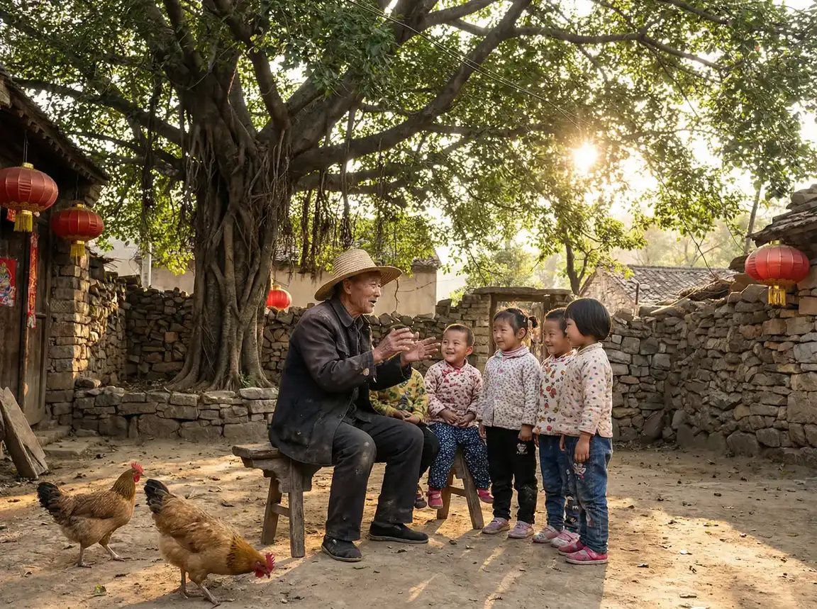 老人在大榕树下给孩子们讲故事 - 精东影业果冻传媒影视 乡村记忆